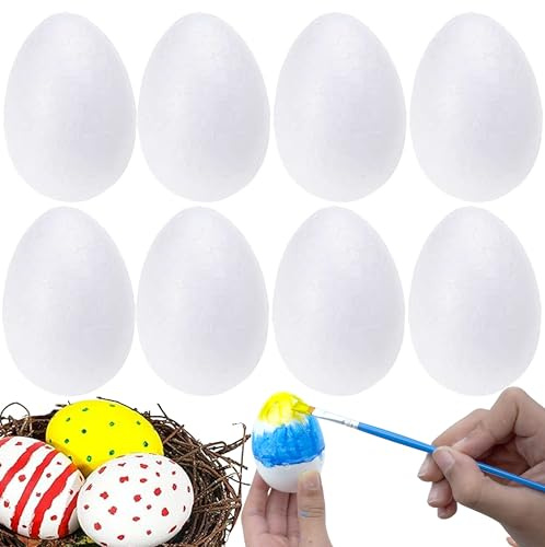 HOVUK Lot de 8 œufs blancs en mousse de polystyrène pour travaux manuels de Pâques 5,5 cm – Boules en mousse de polystyrène pour travaux manuels et présentations, décoration, teinture ou peinture