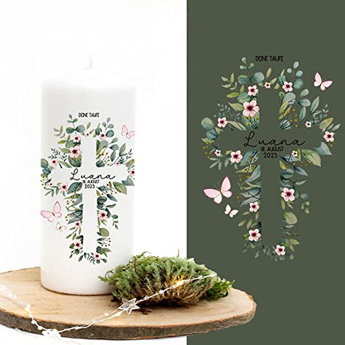 Taufkerze Patenkerze Gastkerze Lichthülle Blüten Blätter Kreuz Wunschname Spruch individualisierbar wk244 - ausgewählte Größe: *2. Patenkerze (ohne Taufspruch)*