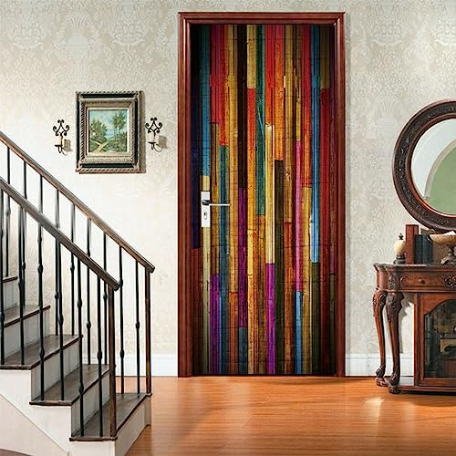 A.Monamour Adesivo Porta Autoadesiva 3D Sfondo Del Bordo Di Assi Di Legno Multicolore Vinile PVC Adesivi per Porte Interne Pellicola Adesiva Poster Sticker Murale Parete Carta da Parati 77x200cm