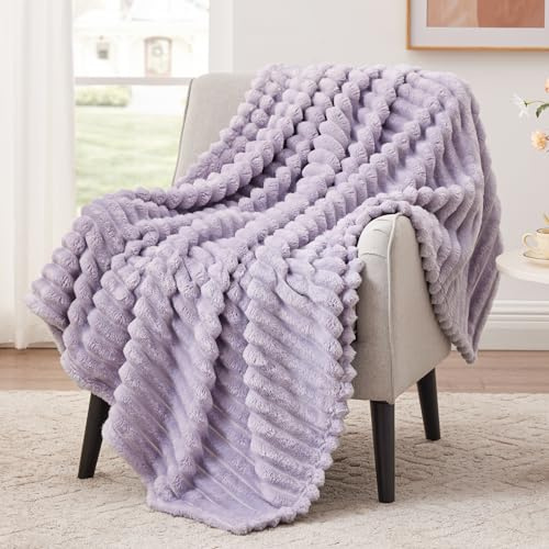 EXQ Home Fleece Throw Blanket for Couch or Bed - 3D Stripe Jacquard Decorative Blankets - Cozy Soft Lightweight Fuzzy Flannel Blanket Suitable for All Seasons(50×60,Light Purple)