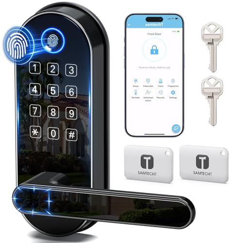 Bluetooth Fingerprint Smart Lock with Handle & Keypad – Fits Most US Doors, DIY Install, Keyless Entry: Code, FOB, Auto-Lock. Ideal for Home, Airbnb, Rental, Kids, Seniors. Alexa & Google Compatible