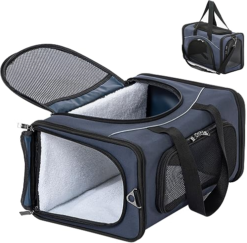 Petsfit Transporttasche Katze & Hundetasche Flugzeug | Flugtasche für Hunde & Transportbox Katze | Flugtaugliche Haustiertasche | Sicherer Transport in Auto, Flugzeug und Bahn, S/Blau