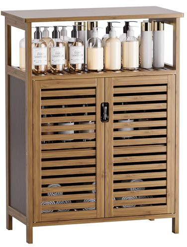 HITNET Bamboo Bathroom Storage Cabinet, Floor Standing Kitchen Cupboard Organizer with 2 Shutter Doors and Open Shelves, Walnut