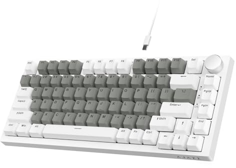 AJAZZ AK820 75% TKL Clavier Gaming Filaire & Hot-Swap Switch Similaire à HP | Montage Gasket, Lumière LED Blanche, Molette de Volume CNC, 82 Touches PBT OEM pour PC/WIN/MAC/Bureau - Blanc Gris