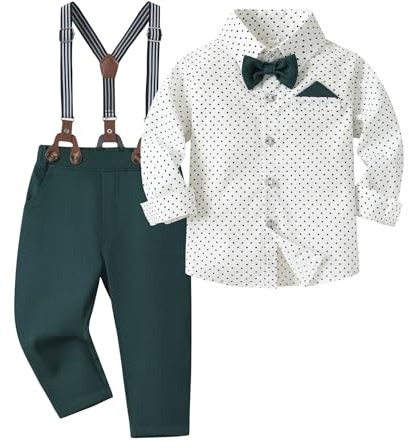 Volunboy Baby pojkar kostym set kläder skjorta med fluga hängslen byxor sparkbyxor kostym, Grön vit, 4-5 år