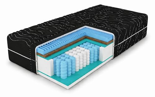 MARPUR Premium Kokos Matratze 140x200 Taschenfederkern H3/H4, Schwarz 27cm | 7 Zonen Taschenfederkernmatratze 140x200, orthopädisch, H3/H4 wendbar, Massageschicht & Kokos, Höhe 27cm
