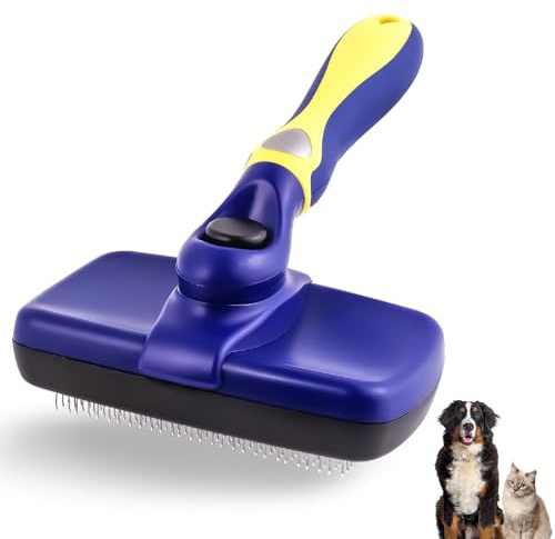 NursCare Brosse auto-nettoyante pour chiens et chats - Brosse pour chiens et chats - Enlève délicatement les sous-poils, les nœuds et les emmêlements pour tous les types de poils. Bleu foncé
