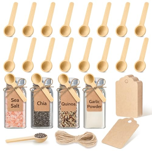 MORGLES 20Pcs Small Wooden Spoons Set, 3 Inches Mini Wood Tasting Spoon with Tags and Twine for Jars