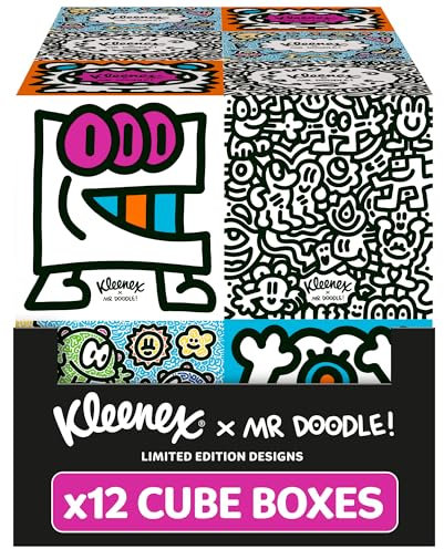 Kleenex x Mr Doodle Limited Edition Design Multipack Facial Tissues - 12 Cube Tissue Boxes, Designed in Collaboration with Mr Doodle, Made to Look Beautiful in The Home.