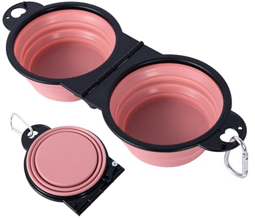 SLSON Cuencos plegables para perros plegables de doble tazón para agua y alimentos, borde reforzado resistente, comedero portátil para mascotas, cuenco para gatos para caminar, senderismo al aire