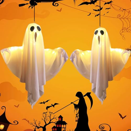Mein HERZ Halloween Deko Outdoor,2 Stück Halloween Deko Geist LED Hängende Geister 50CM Halloween Party Dekoration Halloween Deko Garten für Hof Baum Rasen Gartenparty