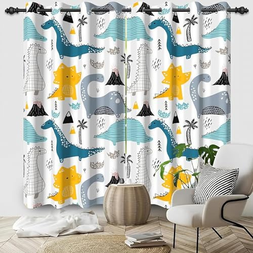 ZZTBQ Dinosaurier Kinder Vorhänge Blickdicht Niedlichen Cartoon Tier Gardinen 2 Stück Verdunkelungsvorhänge Mit Ösen Kawaii Karikatur Dinosaurier Tier 264x240cm Für Jungen Mädchen Kinder Schlafzimmer
