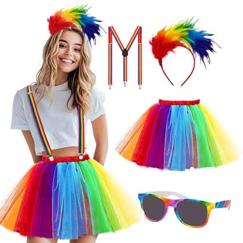 Stars Align Regenbogen Kostüm Damen, Regenbogen Rock Haarreif mit Bunt Hosenträger Brille, Faschingskostüm Damen Tüllrock, für Karneval und Mottoparty