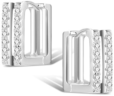 ALEXCRAFT Silber 925 Creolen Kleine Damen, Silber 925 Ohrringe Eckige Creolen Klein Glitzer Silber Huggie Creolen mit Stein Zirkonia Doppel Creolen Klein Eckige Knorpel Ohrringe Quadrat Damen Mädchen