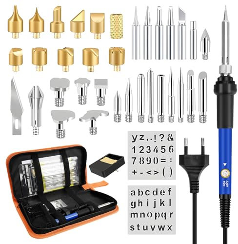 Brandmalerei Lötkolben Set, Temperatur Einstellbar 200~450 ℃, 2 in 1 Lötkolben Holzbrennstift mit Tragetasche, 60W Elektrischer Lötkolben Set für Holz, Leder Gravieren, Skulptur Holzbrandmalerei
