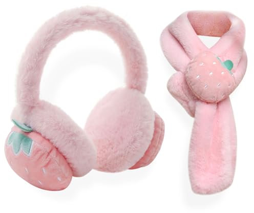 Earmuffs and Scarf Set for Girls, Kids Winter Warm Plush Accessories, Plush Ear Muffs and Cross-Tie Scarf, Ear Covers Windproof Soft Headband, Soft Fleece Cold Weather Set for Outdoor Daily, Skiing