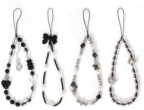 BOXOB 4pcs Crystal Beaded Phone Charms, Black Cell Phone Wrist Strap Beaded Phone Lanyard Phone Charms Strap Keychain Bracelet Wristlet for Women Camera Key Purse Bag