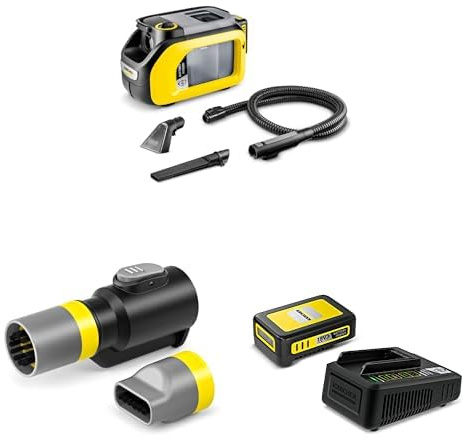 Kärcher SE 3-18 Compact Home, Akku-Waschsauger, Gelb (Sprühschlauch, extra Wasch- & Fugendüse zur Polsterreinigung, 75 mm Arbeitsbreite, Durchspülfunktion) inkl. 18 V Starter Kit 18/2 + Schuhreiniger