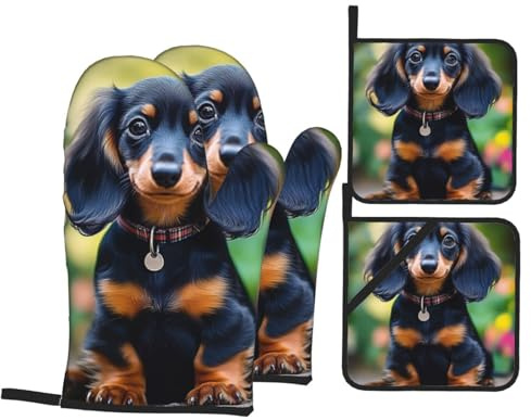 4 Pcs Cute Dachshund Oven Mitts and Potholders,Kitchen Oven Glove with Pot Holders,Non-Slip Gloves High Heat Resistant 500 Degree for BBQ, Grill, Baking, Cooking, Oven, Microwave