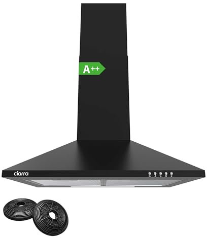 CIARRA AWB6201 A++ - Cappa aspirante a piramide, 60 cm, 370 m³/h, montaggio a parete, con filtro ai carboni attivi CBCF002X2, 3 livelli di potenza, colore: Nero