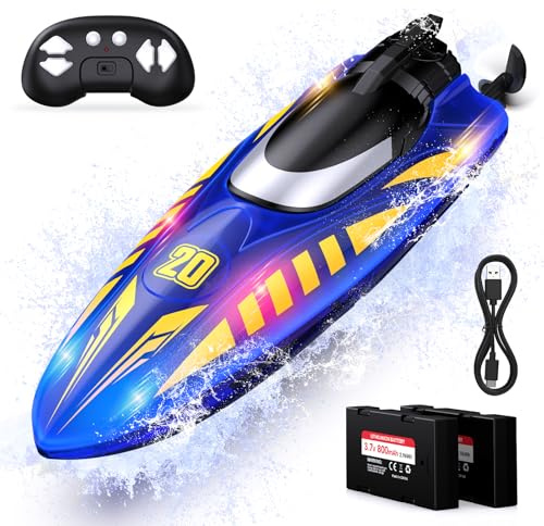 Snorthy Ferngesteuertes Boot, 2.4Ghz vollproportionales ferngesteuertes Boot mit LED-Licht, wasserdichtes elektrisches Schnellboot mit 2 wiederaufladbaren Batterien, 2 Schnellboote für Pools und Seen