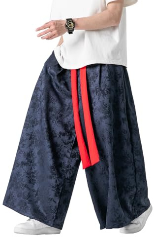 GMOYD Herr Jacquard vida ben byxor lös Harajuku harem streetwear byxa, marinblå, XL