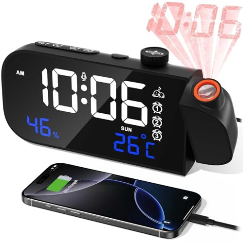 MOSUO Reveil Projecteur Plafond, Digitale Reveil Matin Horloge Numérique,LED Réveil Numérique, avec Température/Humidité/Snooze/Activation Sonore,Luminosité Volume Réglables,pour Chambre Bureau