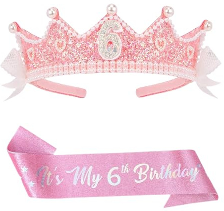 NUOGUAYI Couronne Anniversaire Fille, avec perles roses et écharpe, Ceinture Réglable, bandeau de princesse, décorations de fête d'anniversaire, pour Fille pour Anniversaire Carnaval, Fête (6)