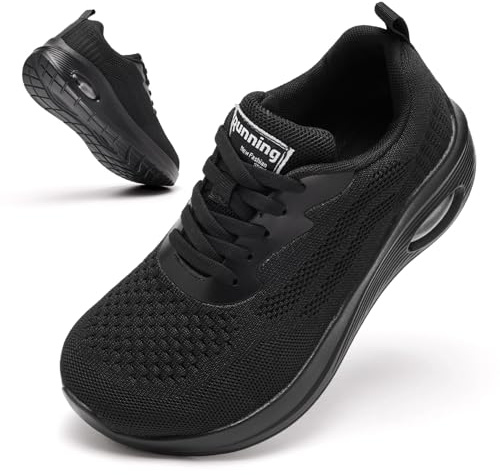 Wide Fit Trainers for Women Black Running Shoes Ladies Air Cushion Memory Foam Plantar Fasciitis Orthopedic Shoes Comfort Non Slip Work Shoes All Black UK 7