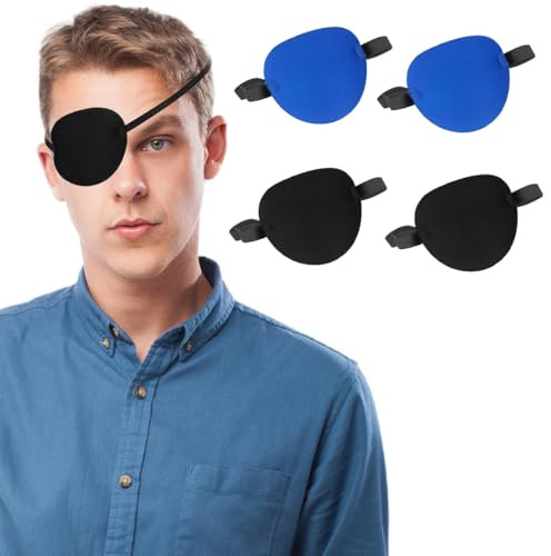 COYUN 4 Pezzi Benda Occhio Regolabile,Benda Medica per Occhio di Correzione per Adulto e Bambini,Maschera per gli occhi per L'amliopia e lo Strabismo e il pirata cosplay di Halloween(Nero+Blu)