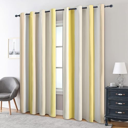 Generisch Gelb und Weiß Gestreift Vorhänge Blickdicht Gardinen mit Ösen, Modern Vertikale Streifen Deko Muster Wohnzimmer Schlafzimmer Fenster Verdunklungsvorhänge, H 245 x B 140 cm 2er Set (1B2-34)