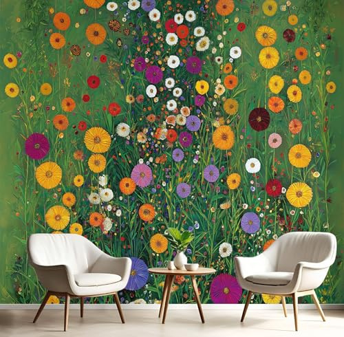 Fototapete Klimt Wildblumen 250×175cm(W×H) Tapete Wandbild Wandbild Aquarell Blumen Bild Fototapeten XL Tapeten Wandtapete Grün Wand Schlafzimmer Wohnzimmer Moderne Vliestapete