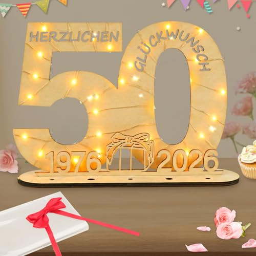 Seutgjie Originelle Geschenk 50 Geburtstag Frau Mann 1976-2026, Goldene Hochzeit 50, Geldgeschenke Geburtstag 50 mit LED Lichterkette Geschenkpapier, Holz Schild 50 Geburtstag Deko Tischdeko Gästebuch