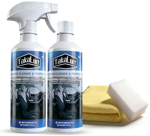 TAKALORT Car Interior Cleaner & Protectant, 32 Fl Oz Spray – Cleans & Helps Protect Dashboard, Leather, Vinyl & Plastic, Adjustable Spray Nozzle, Includes Towel & Magic Eraser Sponge (Pack of 2)
