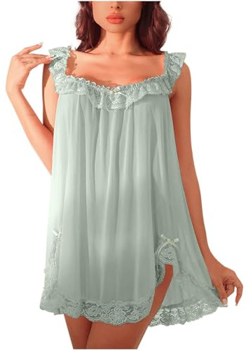 Vestido de mujer camisón sin mangas tirantes sexy babydoll vestido de noche vestido de dormir manga larga encaje estilo victoriano camisón dulce cómodo falda larga ropa de dormir