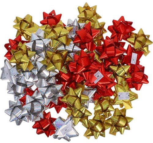 KAILIKETIY Selbstklebende Geschenkschleifen 100 Stück Reflektierende 3 Zoll Stern Dekoschleifen Bunte Zugbögen für Geschenkverpackung Weihnachts und Partydeko Zufällige Farbe