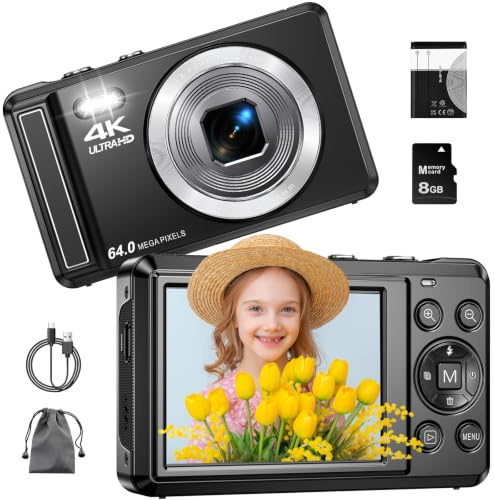 4K 64MP Digitalkamera mit Mikro-SD-Karte, Autofokus Fotoapparat mit 16X Digitalzoom Tragbar Kompaktkamera mit 1200mAh Batterie, USB-Kabel, für Teenager Erwachsene Anfänger