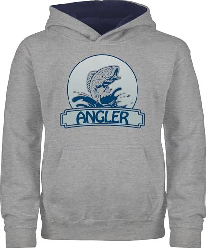 Pullover Kinder Hoodie Jungen Mädchen - Sport Kleidung - Angler Button - 104 (3/4 Jahre) - Grau meliert/Navy Blau - oodies winter hoody polower pulli mit kapuze kind kids geschenk für fischer
