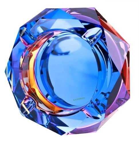 Kaforise Heavy K9 Crystal Ashtray for Cigarettes – Cool Color-Changing Glass Ash Tray for Outdoor Patio & Home Decor – Fancy Geometric Tabletop Accessories, Unique Luxury Gift for Men Smokers (01)