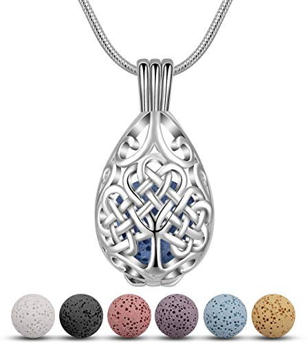 CELESTIA Donna Aromaterapia Collana Che Dffondere Olio Essenziale, Placcato Argento Celtico Albero della Vita Medaglione Ciondolo con 7 Rocce Vulcaniche, Fragranza Gioielli Alleviare Lo Stress