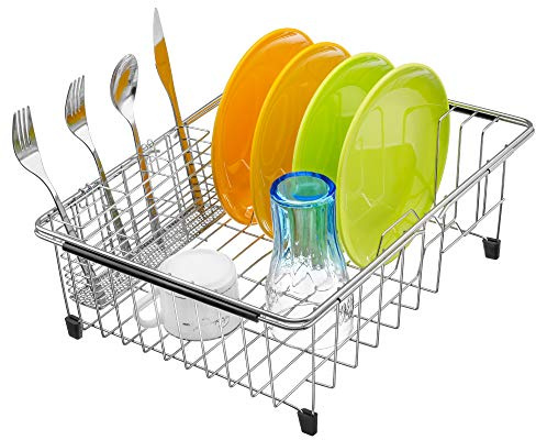 iPEGTOP Dish Sink Drainer, Dish Drying Rack Over Sink, Extendable Dish Drainer with Removable Cutlery Holder, Dish Rack in Sink or On Counter, Plate Rack Drainer for Kitchen