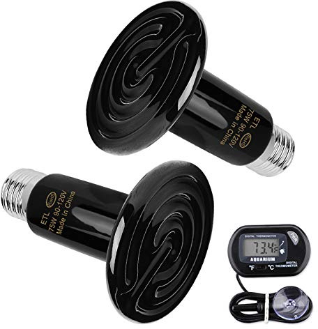 OMAYKEY 75W Ceramic Heat Emitter 2 Pack, with 1-pcs Digital-Thermometer