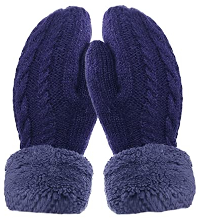 Handschuhe Damen Winter Warme Dicke Gestrickt Damen Fausthandschuhe Winterhandschuhe Outdoor, Doppelschicht Fäustlinge Handschuhe mit Plüschfutter für Frauen Mädchen Mutter Tochter Liebhaber BLAU