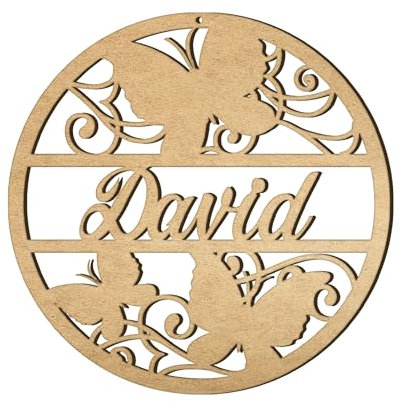 Print Maniacs Personalised Any name Custom Wood Colour Hoop Acrylic Wreath Circle Loop Baby Room Nursery Birthday Christmas Wedding Party Wall Decor Plaque Butterfly (20cm, MDF)