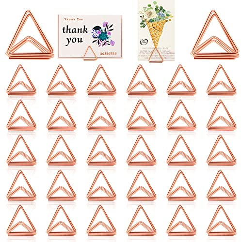 Eersida Tischnummernhalter, dreieckige Form, Namennummern, Tisch, Foto, Bilder, Ständer, Clip für Hochzeit, Babyparty, Party, geeignet für kleine Karten (Roségold), 60 Stück