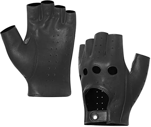 Harssidanzar Guanti da guida in pelle a mezze dita senza dita da uomo Aggiornamento sfoderato in pelle di agnello GM032EU,Nero,taglia XXL