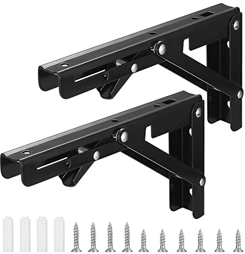 2 Piezas Escuadras Abatibles, Soporte de Estante Plegable, Soporte Estantería Bisagras Pared Mesa Plegable de Acero Inoxidable para Cocina, Oficina, Mesa, Pared - Negro (20cm)