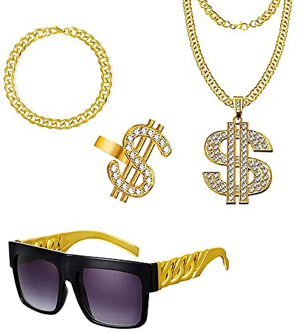 Alppihym 4er SetGoldener Zuhälter-Kostüm für Herren mit Hip-Hop Kostümen, Rapper-Ketten, Dollarring und Dollarzeichen Accessoires - Perfekt für Gangster Kostüme der 80er Jahre