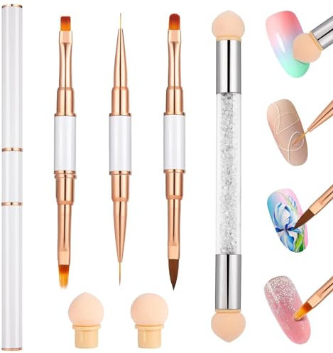 Becellen 4 Stück Nagel Pinsel Set, Doppelter Kopf Acryl Nagelpinsel mit Deckel Gelnägel Feine Pinsel Nail Art Brush Ombre Schwamm Pinsel für Nageldesign