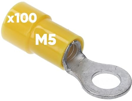 Kalitec 100 Capicorda ad Anello 4-6 mm² M5 Giallo, Connettore a Crimpare | Morsetti in rame con isolamento PVC per cavi elettrici, kit terminali a occhiello per Hi-Fi, auto e casa